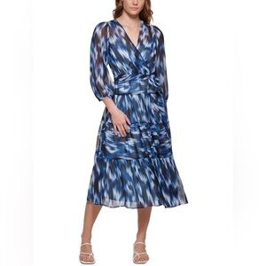 NWT Calvin Klein Women's Blouson Sleeve‎ Crossover V-Neck Printed Dress Size 6